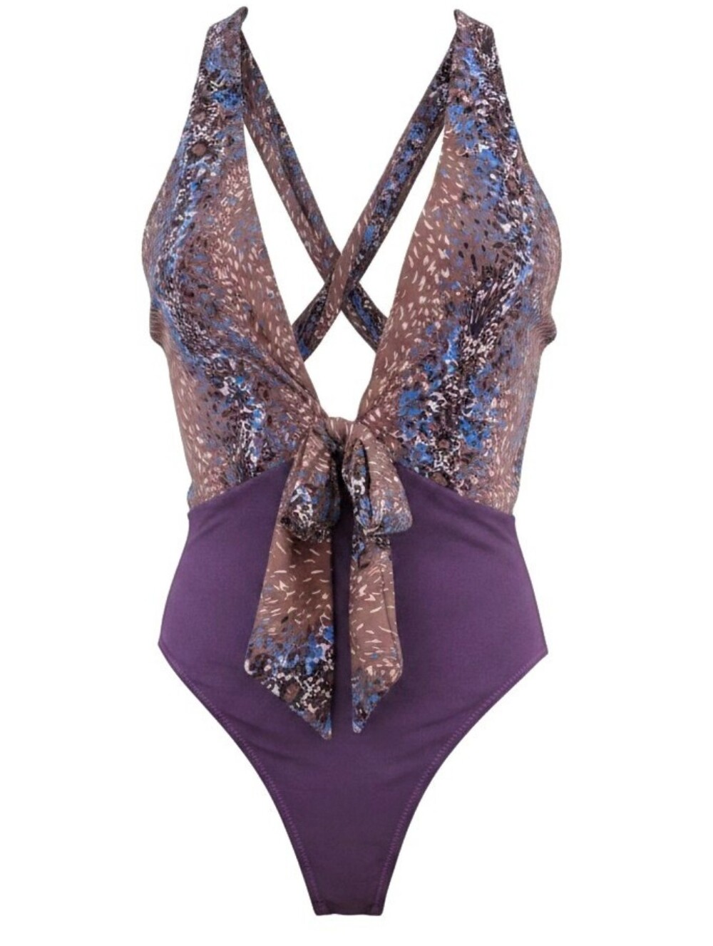 Balenciaga Purple Floral One-Piece Swimsuit With Deep V-Neck And Bow Tie Size M